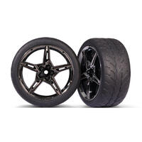 TRAXXAS TIRES AND WHEELS, ASSEMBLED, GLUED (SPLIT-SPOKE BLACK CHROME WHEELS, 2.1" RESPONSE TIRES) (EXTRA WIDE, REAR) (2) 38-9371