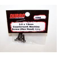 Dubro 2288 3.0Mm X 12 Flat-Head Socket Screws (4 Pcs/Pack)